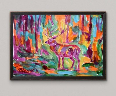 Original 11x14 Impressionist Deer Forest Painting Acrylic Canvas Signed Decor