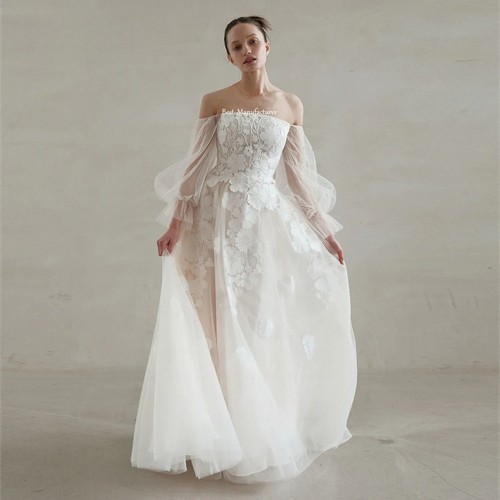 Exquisites Blumen Spitze Brautkleid Puffärmel Langarm Korsett Brautkleid - Bild 1 von 7