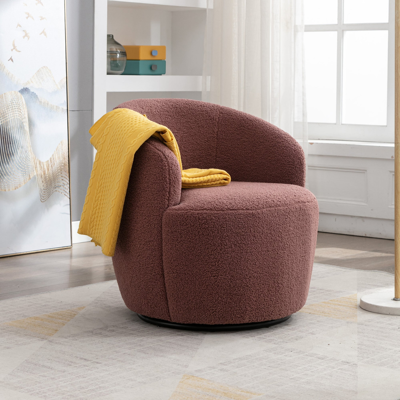 Dark Red Plush Teddy Fabric Swivel Armchair for Cozy Comfort