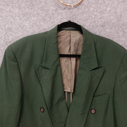 Vintage 80s Double Breasted Blazer Mens 40L M Green Wool Silk Peak Lapel Jacket - Picture 12 of 18
