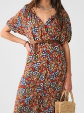 FAHERTY Dress S Midi LInen Brown Floral  Tie Waist Pockets