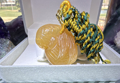 Carved brown rabbit hair Chrystal Pendant Necklace Adjustable Green & Gold Cord 