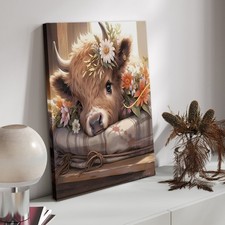 Cute Highland Cow Flower Wreath Canvas Framed Wall Art Rustic Farmhouse Decor