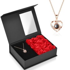 Preserved Real Rose with Heart I Love You Necklace, Eternal Flowers Rose Red