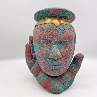 Stone Clay Human Head Face Pot Vase Held By Hand Brutalist Decor 9  Tall