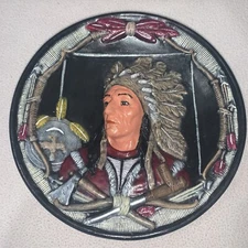 Vintage Native American 3D Plate Indian Chief Weapons 