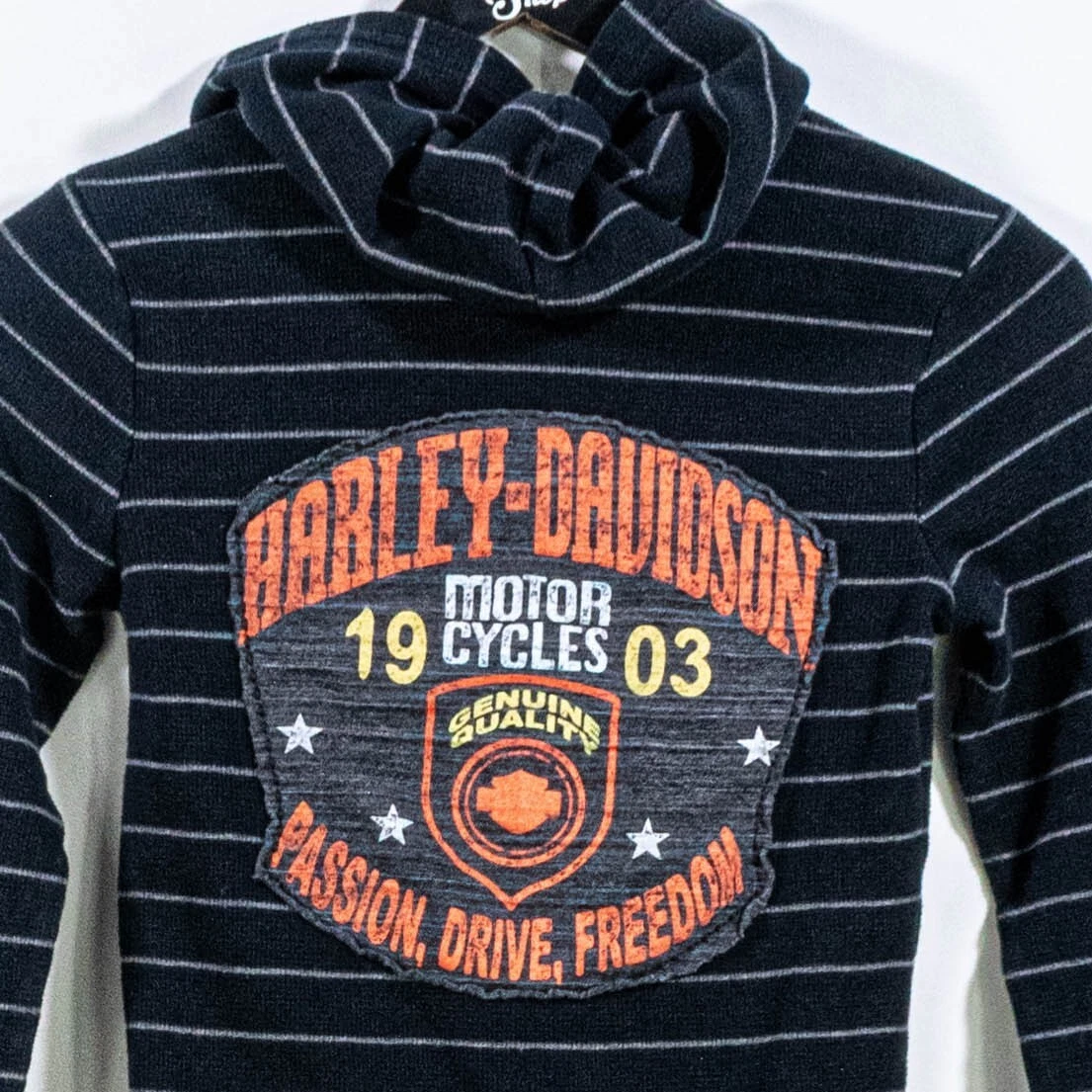 Harley Davidson Hoodie Thermal Henley Womens XS Striped Biker Grunge Y2K Logo