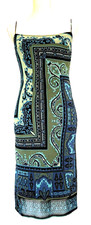 WINDSOR Women's Blue Green Slip Dress Geo Print Straps Fully Lined Sleeveless S