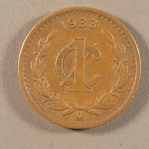 1933 Mo Mexico 1 Centavo Coin - Bronze - Mexican Golden Eagle Crest