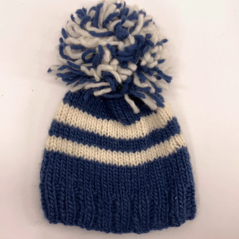 Retro Blue White Stripe Knit Pom Pom Winter Hat