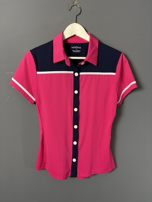 KINONA Womens S Pink/Navy Blue Button-Up Beauty Short Sleeve Golf Shirt Top