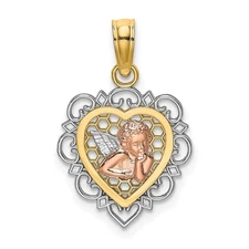14k Two-tone Gold and White Rhodium Small Angel In Scalloped Edge Heart Pendant