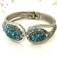 Vintage Hinged Clamper Bracelet Aqua Blue Rhi...