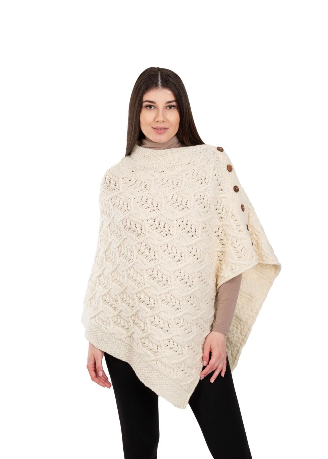 SAOL 100% Merino Wool Aran Irish Women's Poncho with Buttons V-Neck Shawl
