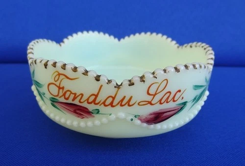 HEISEY EAPG Uranium UG Custard Glass Berry Bowl - Souvenir Fond du Lac Wisconsin
