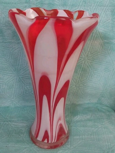 Vintage MCM Murano Style Art Glass Hand Blown Vase 10” Red White CandyCane Swirl