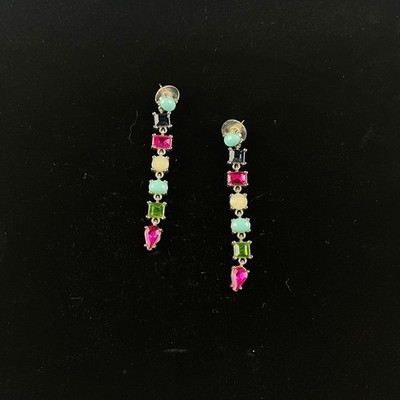 Mary Kay Rainbow Rhinestone Dangle Earrings Silver Tone Multi Color Linear Drop