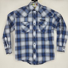 Vintage Wrangler Shirt Mens Medium Western Blue Plaid Embroidered Pearl Snap