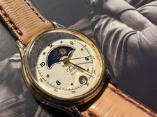 Vtg Timex Moon Phase Watch Women Gold Tone Date Leather Band 1990s Wristwatch