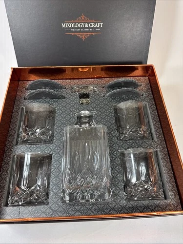 Mixology & Craft Whiskey Stones Gift Set Men Decanter w/ Glasses Set & Coasters