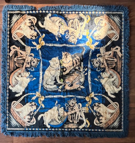 Vintage Cat Woven Tapestry Wall Hanging Musical Instruments Blue Fringe 50x48
