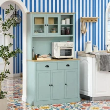 Light Blue Kitchen Pantry Cabinet with Hutch, Drawers & Adjustable Shelves