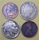 Lot of 4 Old Coins – 1 Indian Head Penny, 1 Lib V 5c, 1 Buffalo 5c & 1 Linc 1c