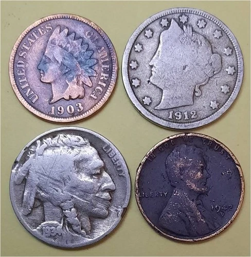 Lot of 4 Old Coins – 1 Indian Head Penny, 1 Lib V 5c, 1 Buffalo 5c & 1 Linc 1c
