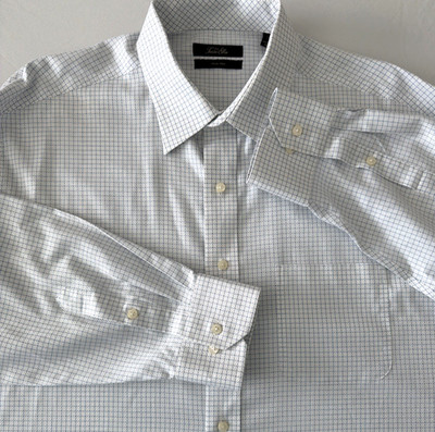 Tasso Elba Mens 17 1/2 36/37 XL White Blue Plaid Check Graph Paper Classic EUC