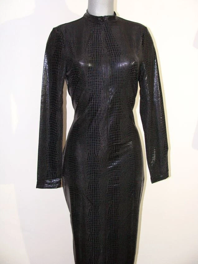 Schwarzes Glanz Kleid in glänzendem Schwarz mit Schlangen Muster Gr XL / 42-44 - Bild 4 von 4