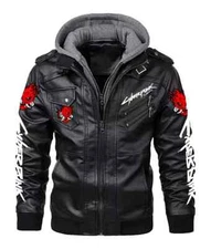 Cyberpunk 2077 Costume Men's Black Biker Faux Leather with Removable Hood Jacket