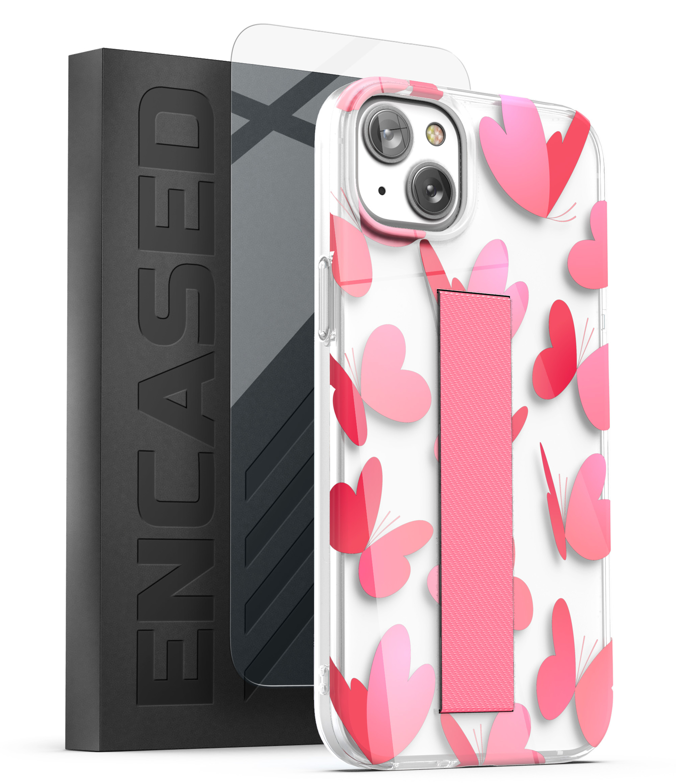 iPhone 14 Case with Strap Hand Holder Loop Phone Case - Pink Heart Butterfly
