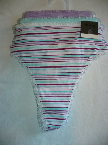 Secret Treasures Thongs 3 Pair Size Small (5) Purple Green White Stripe NEW - Afbeelding 1 van 2