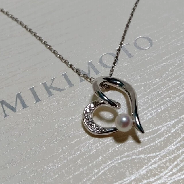 MIKIMOTO Corazón Motivo Perla Diamante Collar K18 Oro Blanco Casi Nuevo - Imagen 2 de 4