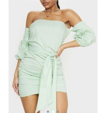 Pretty Little Thing Ruched Mint Green Puff Sleeve Bardot Tie Waist 6 Dress