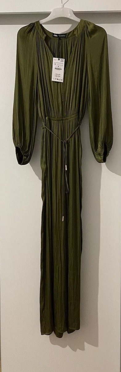 ZARA GREEN WRINKLED EFEECT SLOT COLLAR WIDE LEG SATIN JUMPSUIT