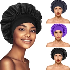 Women Sleep Cap Satin Night Hair Bonnet Hat Silk Head Cover Wide Elastic Band