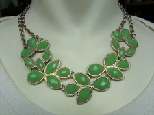 Green Faceted Gold Tone Metal Double Chain Statement Necklace Jewelry Collar Bib