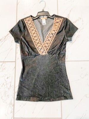 V-Neck Black Denim Top Small NEW
