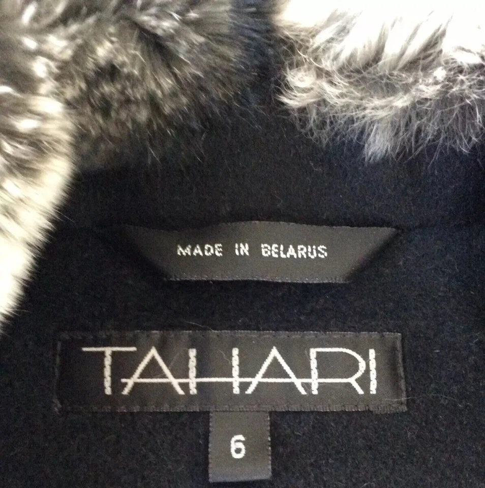 Abrigo chaqueta para mujer Tahari negro mezcla de lana ribete de piel talla 6 ¡USADO EN EXCELENTE ESTADO! $498 Foto 2 de 4