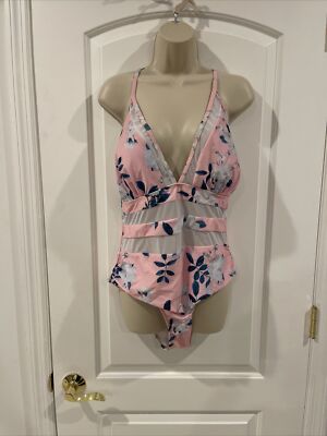 Evaless Soft Pink XXL Floral White Rose  1 Pc Swimsuit Mesh Tummy Control