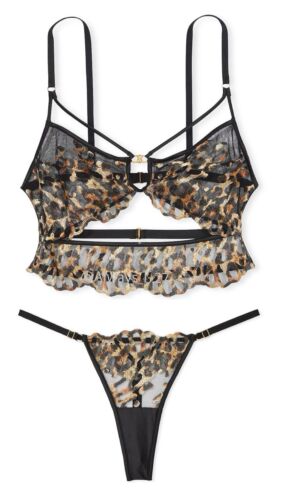 Victoria’s Secret Leopard Embroidery Strappy Bra Top And Panty Set NWT Small
