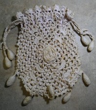 Antique Hand CROCHETED Beige Two TONED Draw Stringed PURSE With Accents