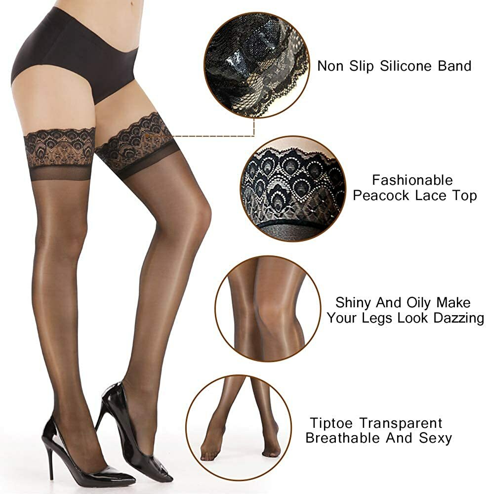 ARRUSA Nylon Shiny Thigh High Stockings,Ultra Shimmery Lace Silicone Sheer  Tight | eBay