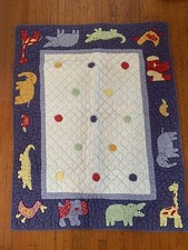 Baby quilt with animals blue crib blanket 40  X30   zoo circus Circles