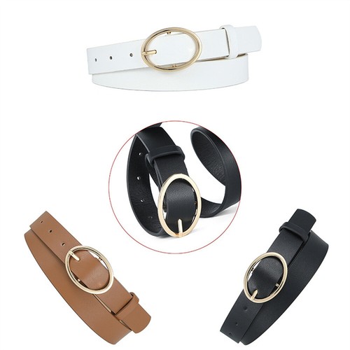 Women's Solid Color Metal Round Buckle Faux Leather Belt Skinny Corset Waistband - Picture 2 of 10
