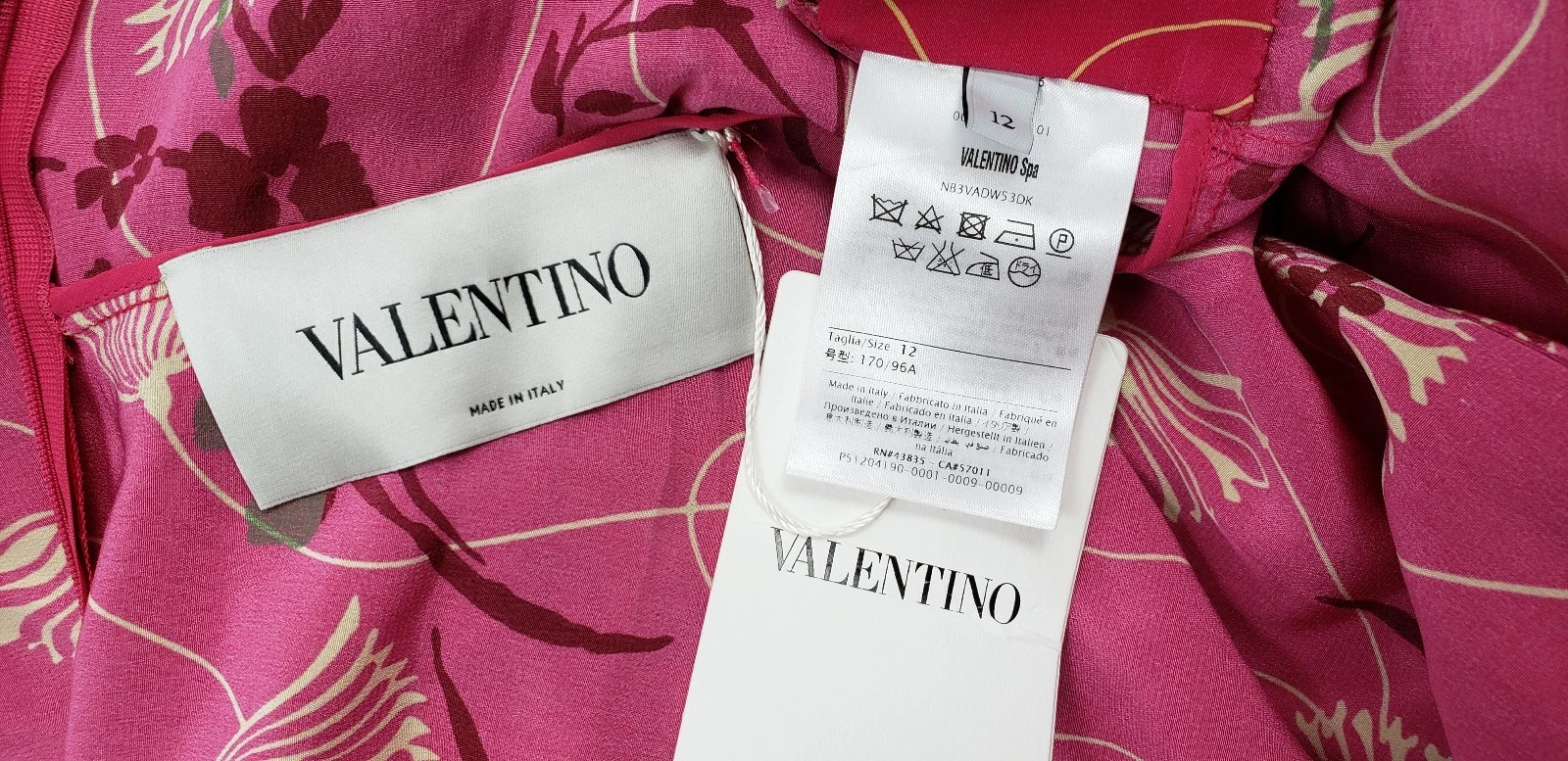 Abito Valentino nuovo con etichetta stampa loto seta scollo a V rosa taglia 12 $4980