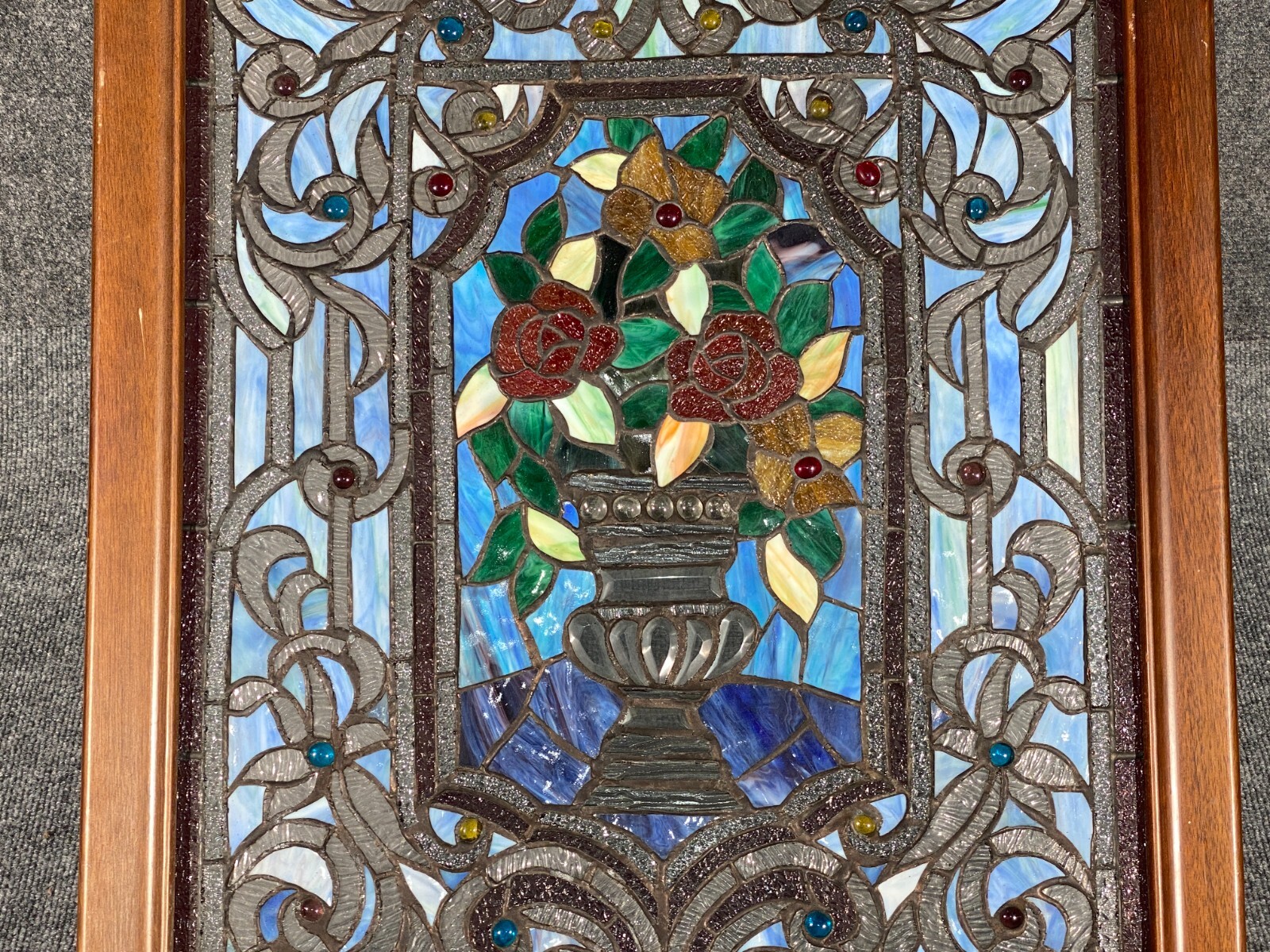 VINTAGE LARGE STAINED GLASS TALL Flower  38" x 23" ~ Framed