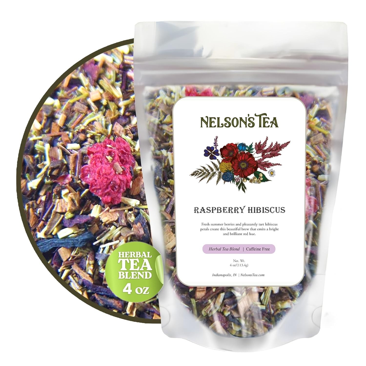 Raspberry Hibiscus Tea - Caffeine Free, Cut & Sifted Green - 4oz