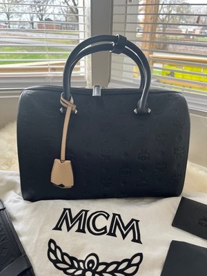 希少✨MCM 2way Boston Bag Leather Black MCM Visetos Dog Bone Boston Vintage Leather Top Handle Bag Handbag